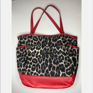 Coach Leopard Print w/Red Leather Trim Canvas Tote